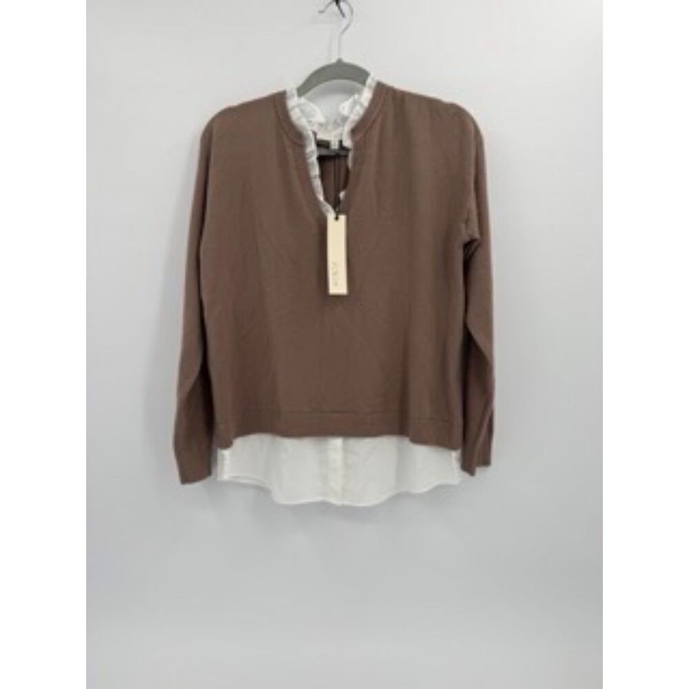 PINCH Dori Mocha Knit Woven Combo Top Womens S NWT Layered Sweater Blouse